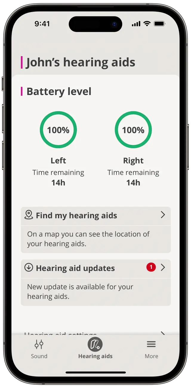 Tela de bateria e localização do app Oticon Companion
