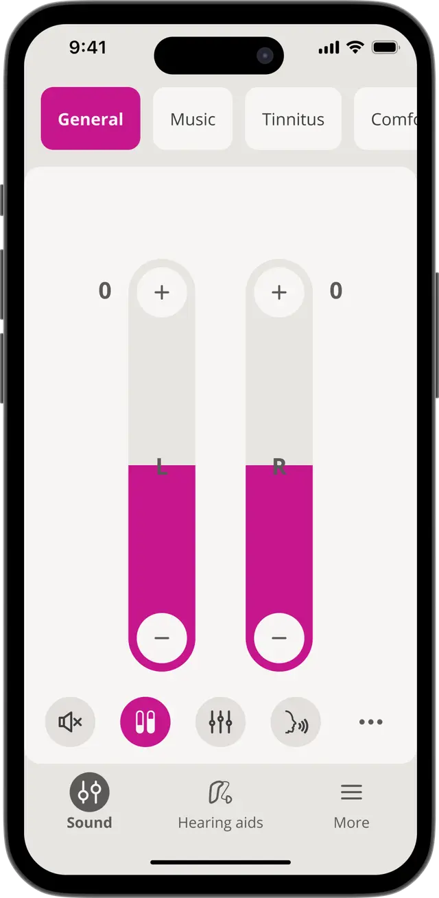 Tela geral do app Oticon Companion