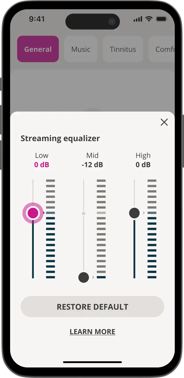 Tela de equalizador de streaming do app Oticon Companion