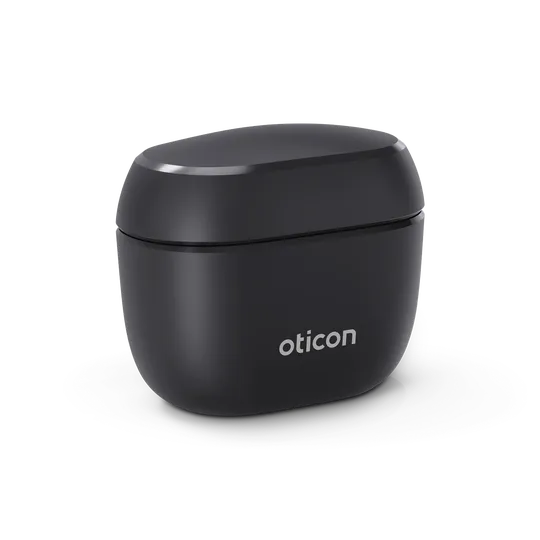 SmartCharger Oticon fechado, vista em ângulo
